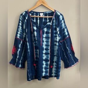Chicos may blue and white tie dye peasant blouse size XL